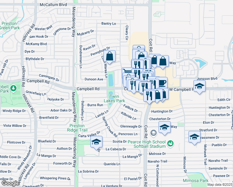 map of restaurants, bars, coffee shops, grocery stores, and more near 16426 Fallkirk Drive in Dallas