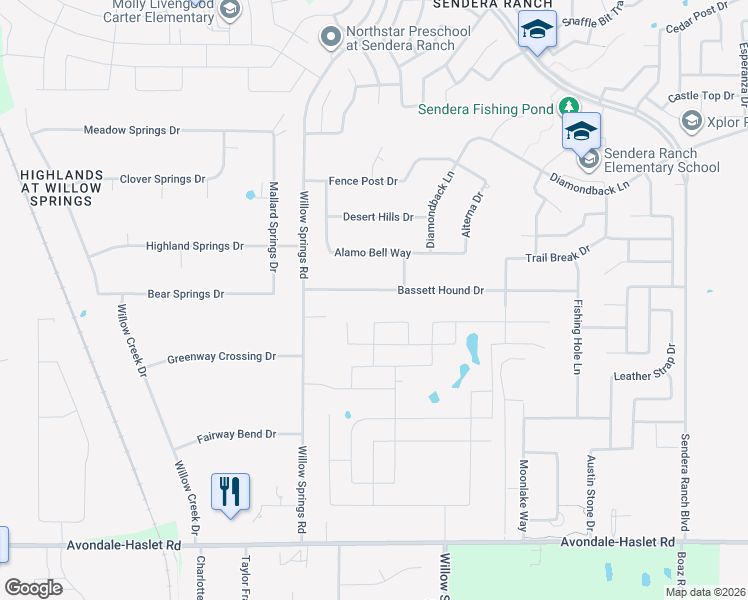 map of restaurants, bars, coffee shops, grocery stores, and more near 1625 Bassett Hound Drive in Haslet
