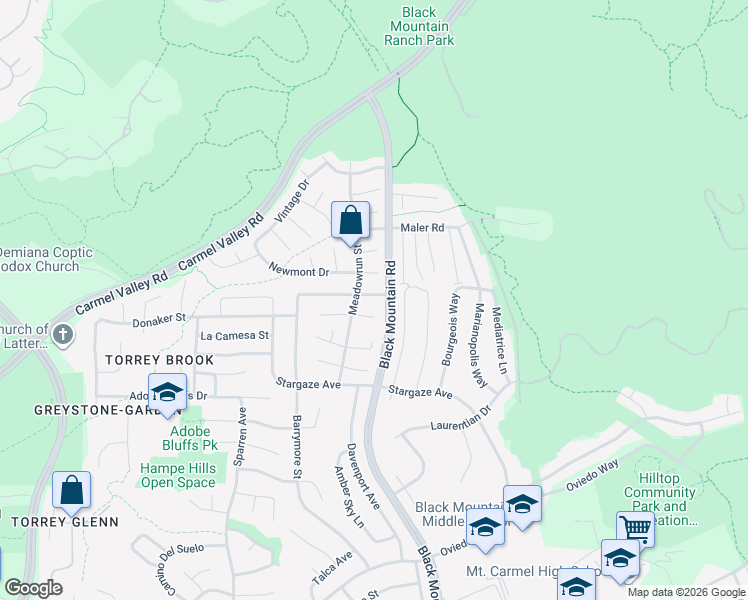 map of restaurants, bars, coffee shops, grocery stores, and more near 9144 Meadowrun Place in San Diego