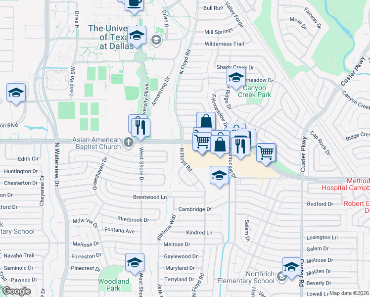 map of restaurants, bars, coffee shops, grocery stores, and more near 687 West Campbell Road in Richardson