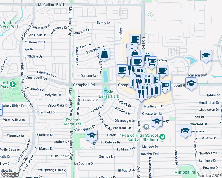 map of restaurants, bars, coffee shops, grocery stores, and more near 16426 Fallkirk Drive in Dallas