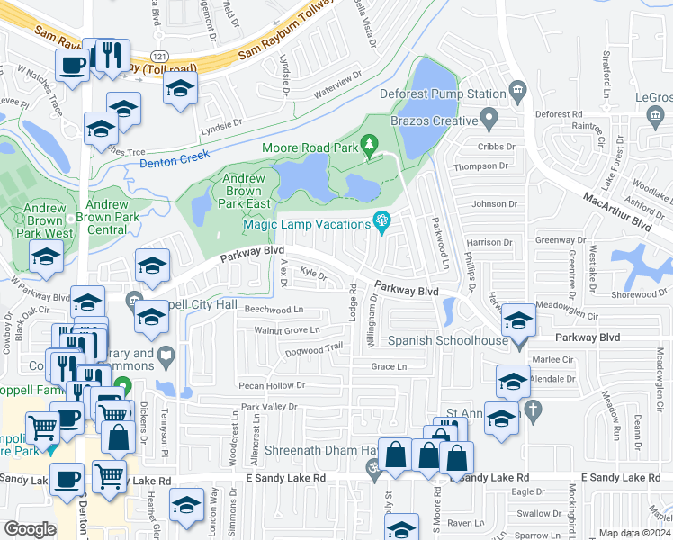 map of restaurants, bars, coffee shops, grocery stores, and more near 421 Parkway Boulevard in Coppell