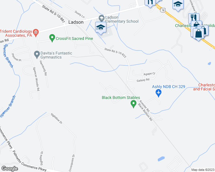 map of restaurants, bars, coffee shops, grocery stores, and more near 9417 Secret Street in Ladson