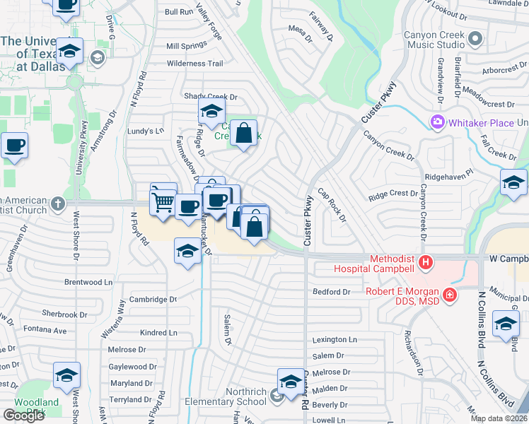map of restaurants, bars, coffee shops, grocery stores, and more near 520 Sage Valley Drive in Richardson