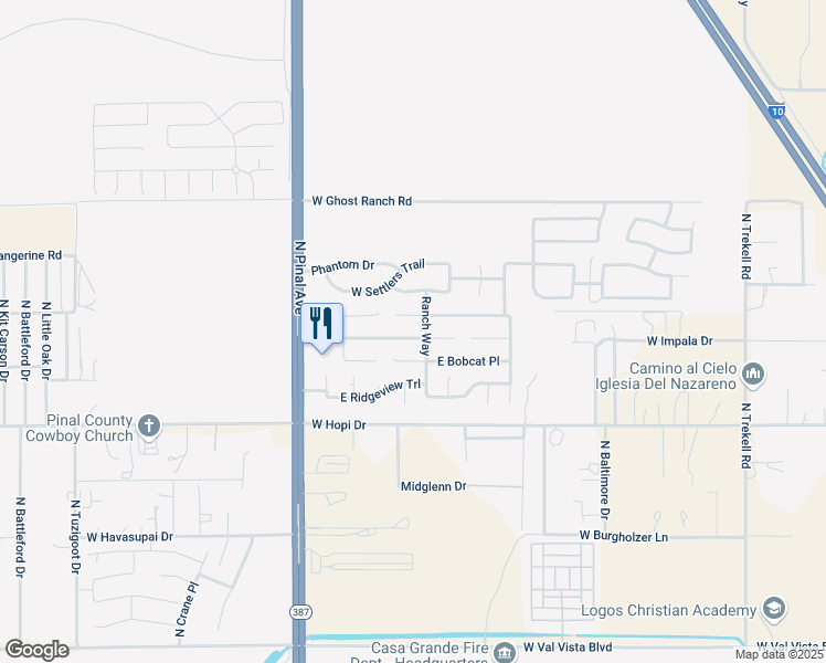 map of restaurants, bars, coffee shops, grocery stores, and more near 131 West Impala Drive in Casa Grande