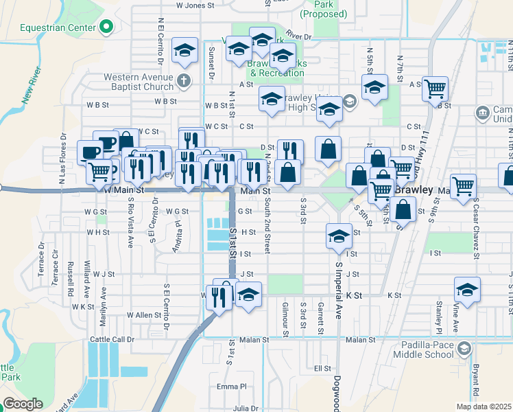 map of restaurants, bars, coffee shops, grocery stores, and more near 152 G Street in Brawley