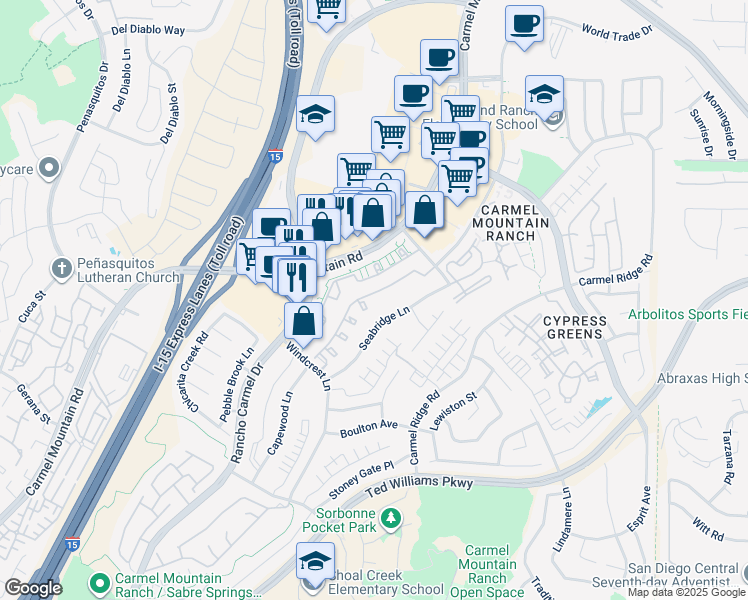 map of restaurants, bars, coffee shops, grocery stores, and more near 11795 Stoney Peak Drive in San Diego