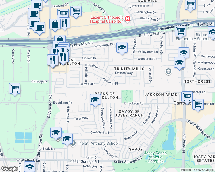 map of restaurants, bars, coffee shops, grocery stores, and more near 1500 Estates Way in Carrollton