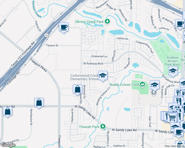 map of restaurants, bars, coffee shops, grocery stores, and more near 306 Buttonwood Court in Coppell