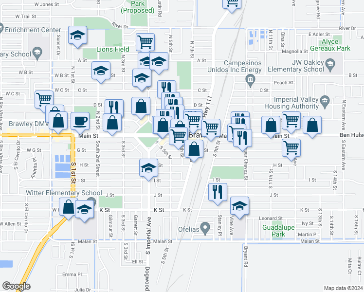 map of restaurants, bars, coffee shops, grocery stores, and more near 601 G Street in Brawley