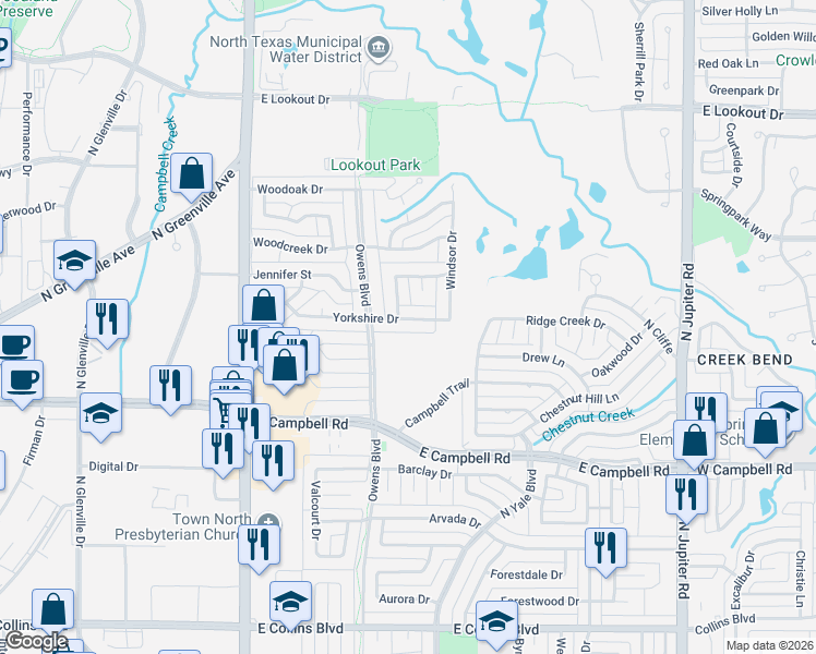 map of restaurants, bars, coffee shops, grocery stores, and more near 1706 Yorkshire Drive in Richardson