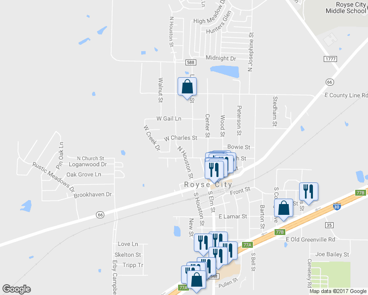 map of restaurants, bars, coffee shops, grocery stores, and more near 422 North Houston Street in Royse City