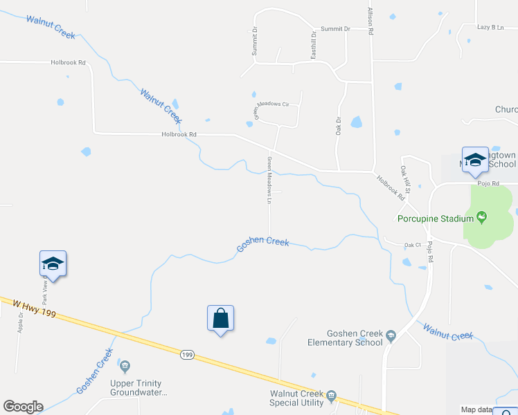 map of restaurants, bars, coffee shops, grocery stores, and more near 342 Green Meadows Lane in Springtown