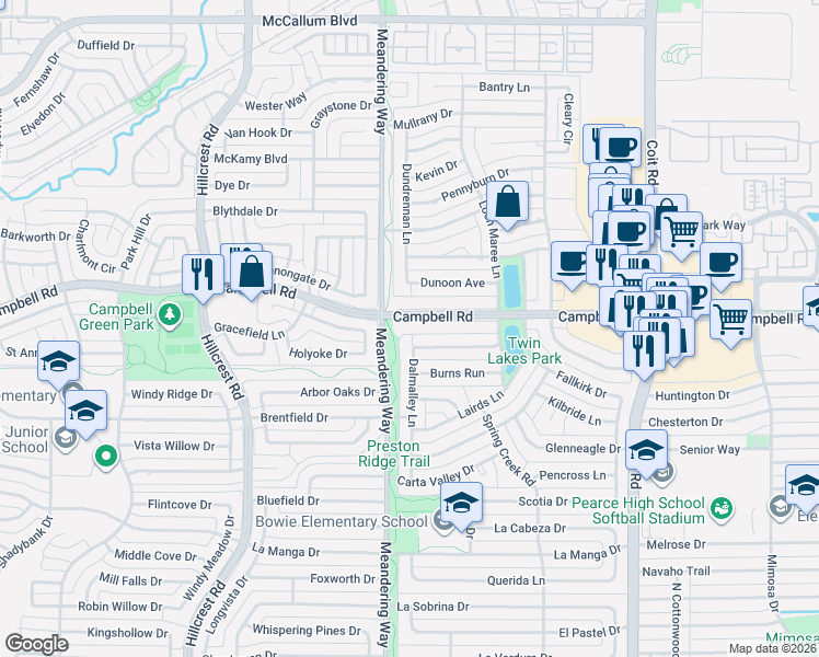 map of restaurants, bars, coffee shops, grocery stores, and more near 7306 Campbell Road in Dallas