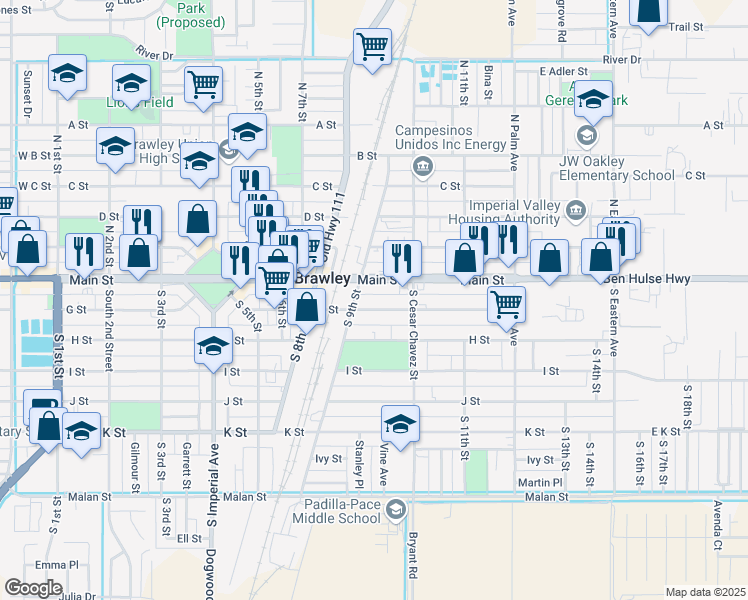 map of restaurants, bars, coffee shops, grocery stores, and more near 931 G Street in Brawley