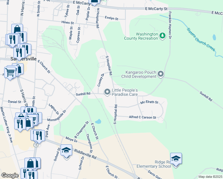 map of restaurants, bars, coffee shops, grocery stores, and more near 322 South Hospital Road in Sandersville