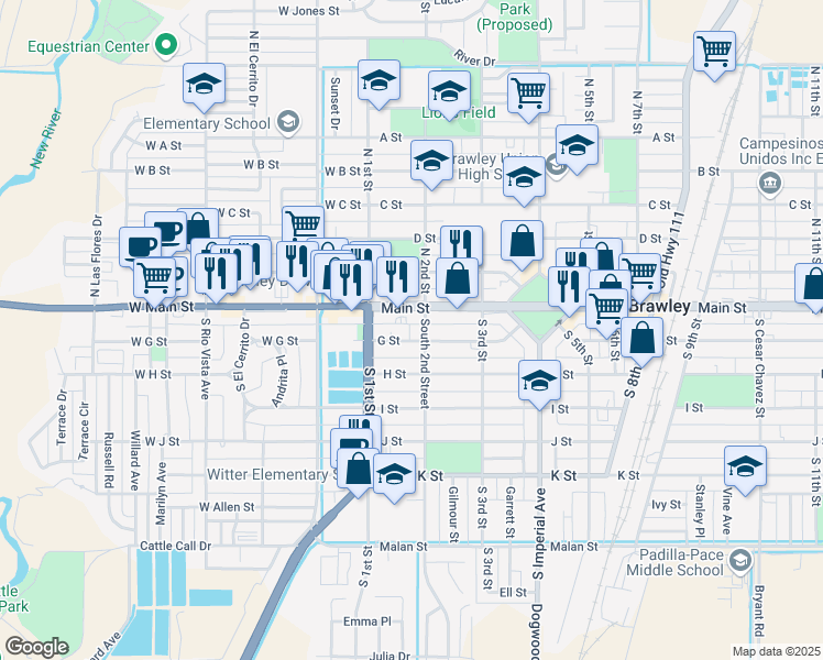 map of restaurants, bars, coffee shops, grocery stores, and more near 155 G Street in Brawley