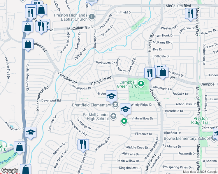 map of restaurants, bars, coffee shops, grocery stores, and more near 16613 Vicarage Court in Dallas