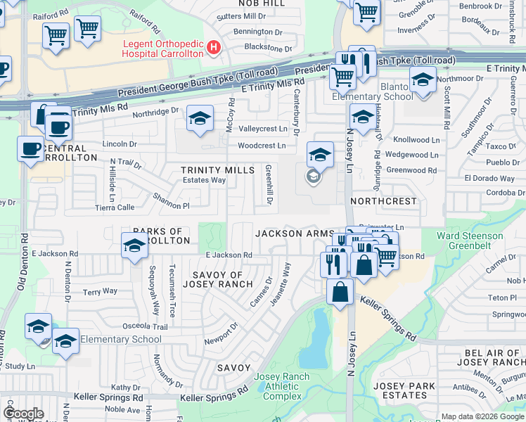 map of restaurants, bars, coffee shops, grocery stores, and more near 2231 Jackson Circle in Carrollton
