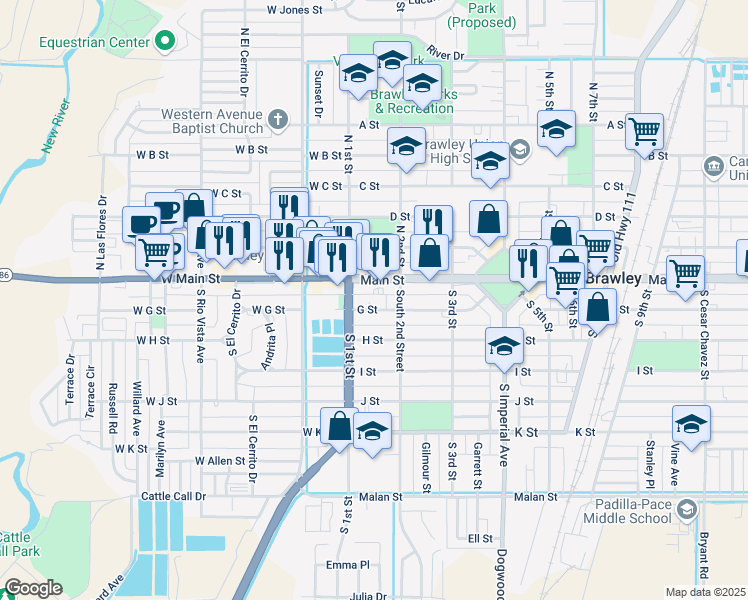 map of restaurants, bars, coffee shops, grocery stores, and more near 151 G Street in Brawley