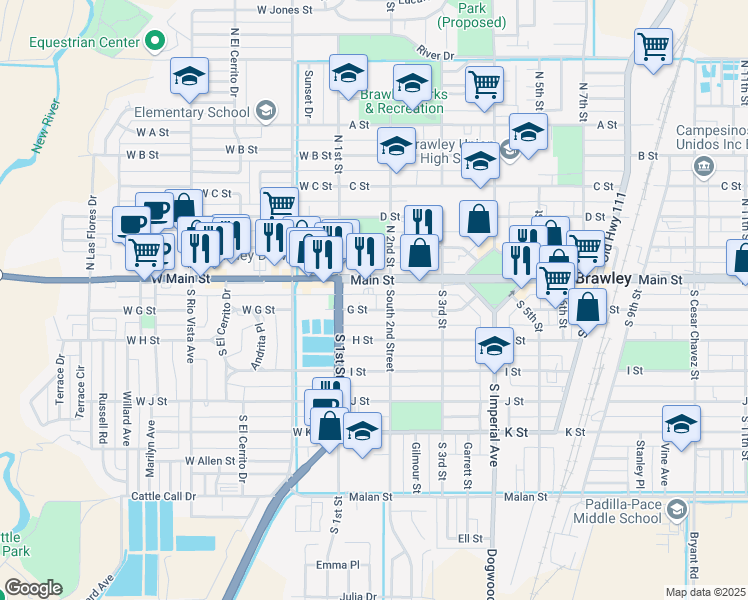 map of restaurants, bars, coffee shops, grocery stores, and more near 155 G Street in Brawley