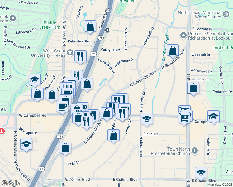 map of restaurants, bars, coffee shops, grocery stores, and more near 2088 North Greenville Avenue in Richardson