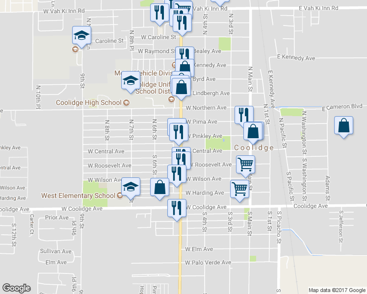 map of restaurants, bars, coffee shops, grocery stores, and more near 109 N Arizona Blvd in Coolidge