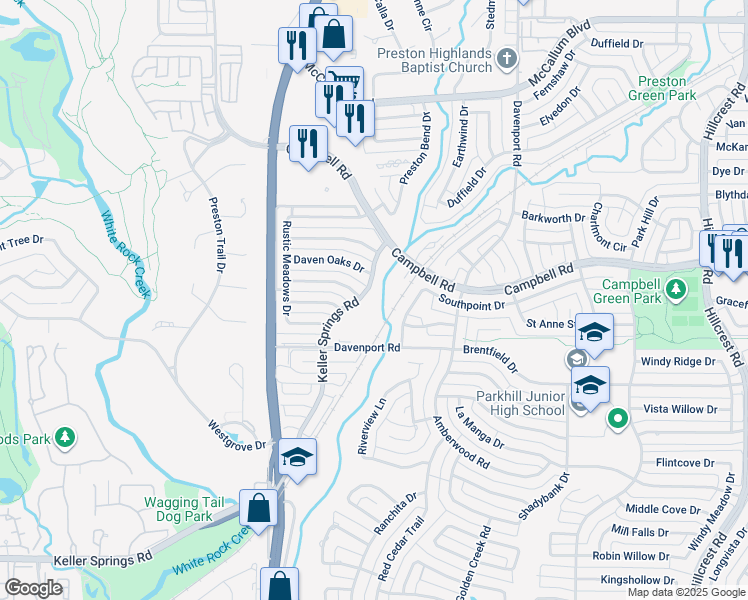 map of restaurants, bars, coffee shops, grocery stores, and more near 6350 Keller Springs Road in Dallas