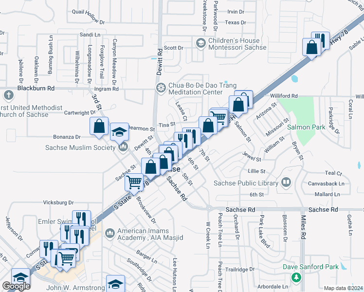 map of restaurants, bars, coffee shops, grocery stores, and more near 2801 5th Street in Sachse
