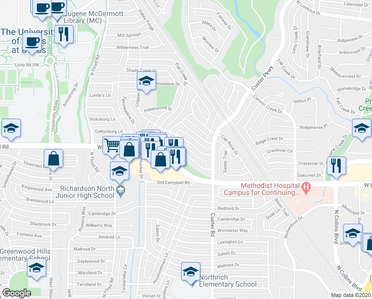 map of restaurants, bars, coffee shops, grocery stores, and more near 518 Sage Valley Drive in Richardson