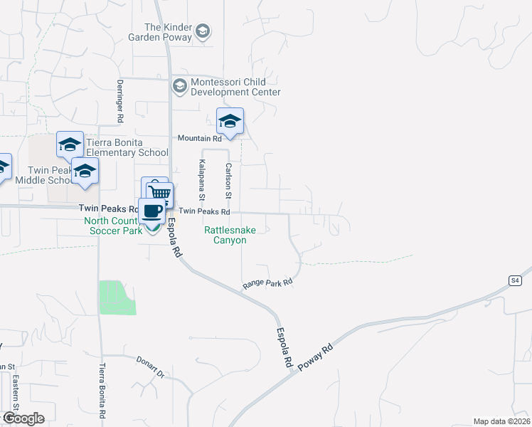 map of restaurants, bars, coffee shops, grocery stores, and more near 14444 Twin Peaks Road in Poway
