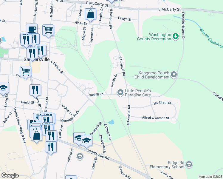 map of restaurants, bars, coffee shops, grocery stores, and more near 429 Sunhill Road in Sandersville