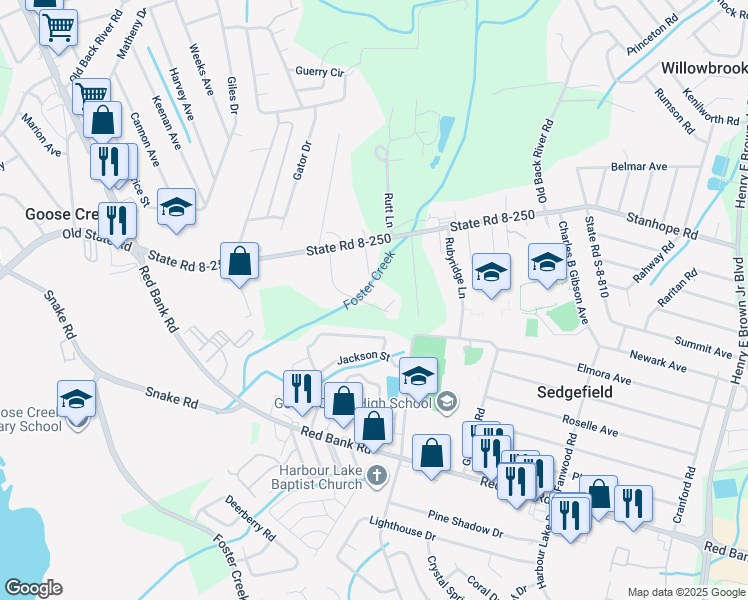 map of restaurants, bars, coffee shops, grocery stores, and more near 342 Faith Lane in Goose Creek