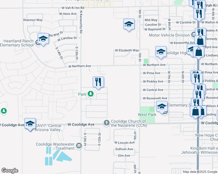 map of restaurants, bars, coffee shops, grocery stores, and more near 139 North Carter Ranch Road in Coolidge