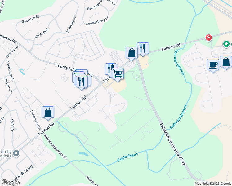 map of restaurants, bars, coffee shops, grocery stores, and more near 3718 Crescent Way in Ladson