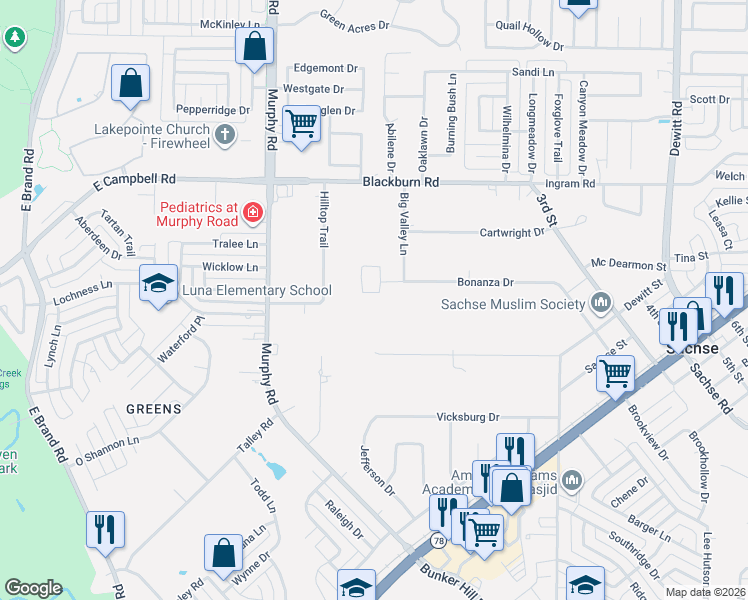 map of restaurants, bars, coffee shops, grocery stores, and more near 1528 Bonanza Court in Sachse