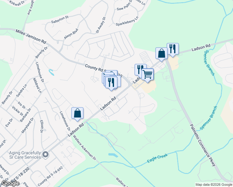 map of restaurants, bars, coffee shops, grocery stores, and more near 3786 Ladson Road in Ladson