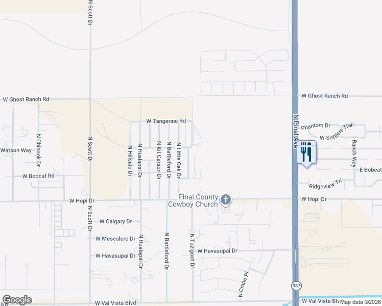 map of restaurants, bars, coffee shops, grocery stores, and more near 10745 North Yellowstone Road in Casa Grande