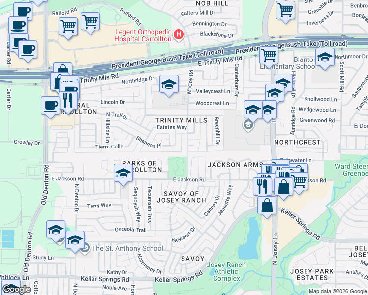 map of restaurants, bars, coffee shops, grocery stores, and more near 1520 Shannon Place in Carrollton