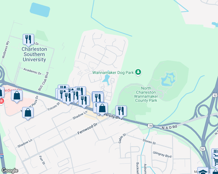map of restaurants, bars, coffee shops, grocery stores, and more near 2510 Atlantic Palms Lane in Charleston