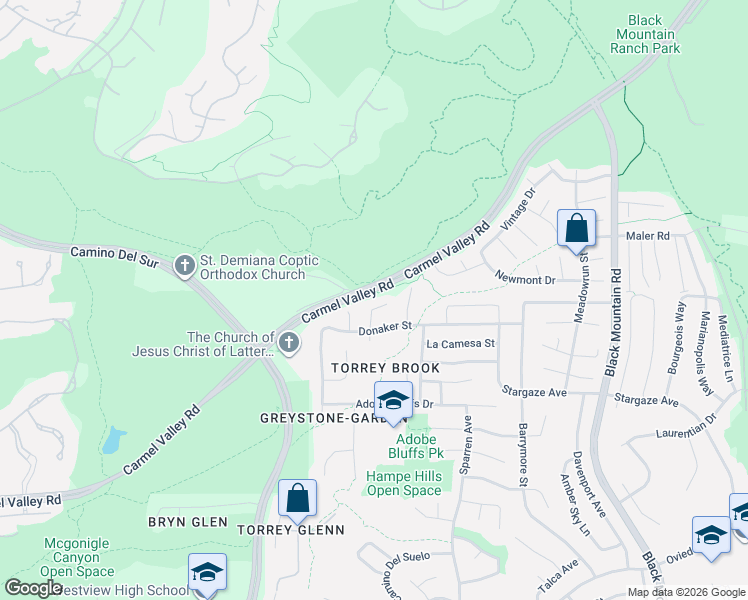 map of restaurants, bars, coffee shops, grocery stores, and more near 14365 La Harina Court in San Diego