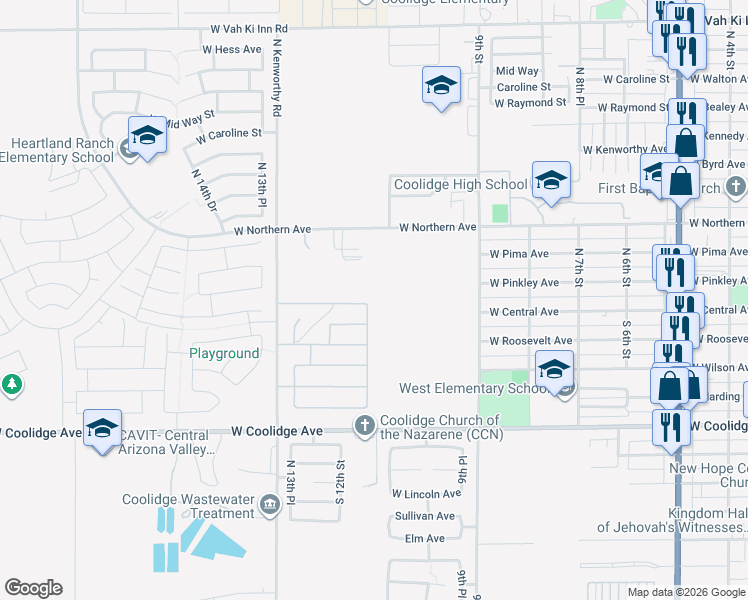 map of restaurants, bars, coffee shops, grocery stores, and more near 127 North Carter Ranch Road in Coolidge
