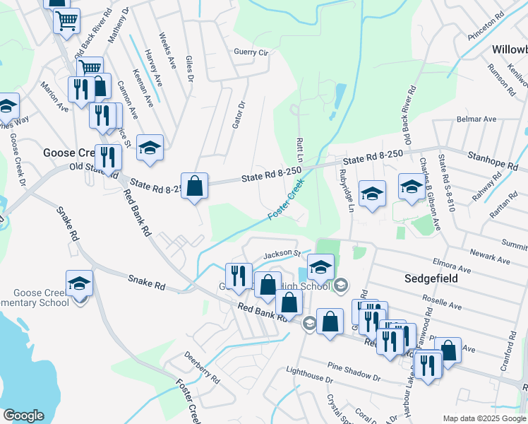 map of restaurants, bars, coffee shops, grocery stores, and more near 325 Faith Lane in Goose Creek