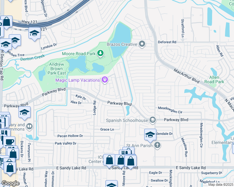 map of restaurants, bars, coffee shops, grocery stores, and more near 540 Meadowood Lane in Coppell