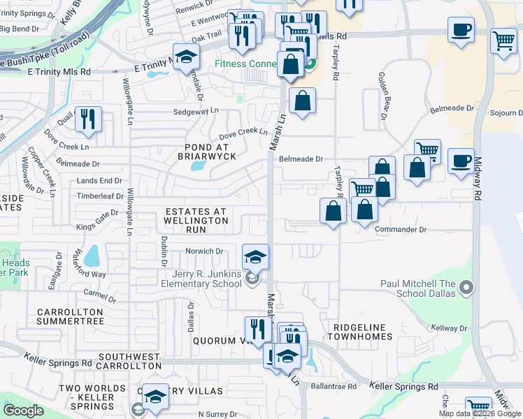 map of restaurants, bars, coffee shops, grocery stores, and more near 2409 Crown Court in Carrollton