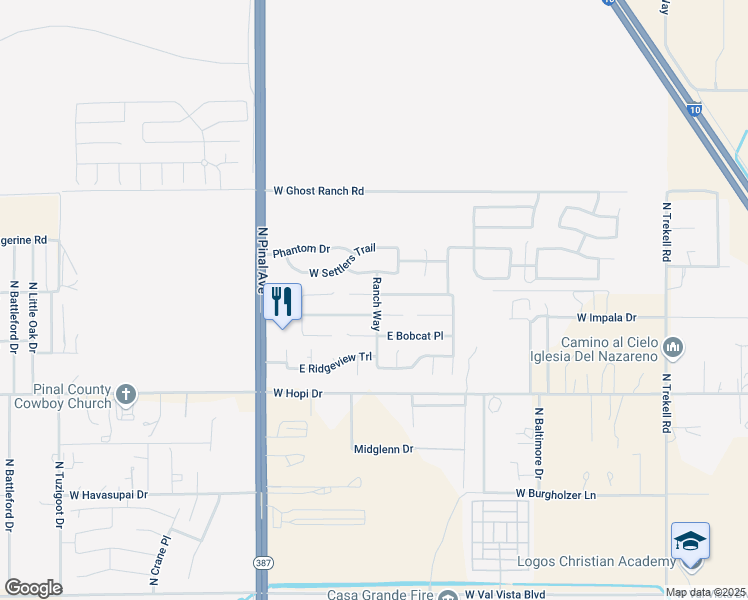 map of restaurants, bars, coffee shops, grocery stores, and more near 171 Impala Place in Casa Grande