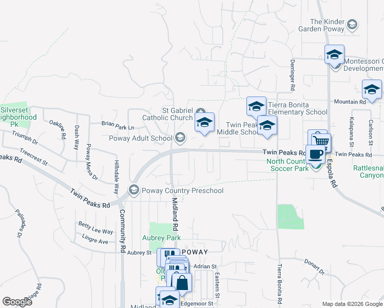 map of restaurants, bars, coffee shops, grocery stores, and more near 13780 Holly Oak Way in Poway