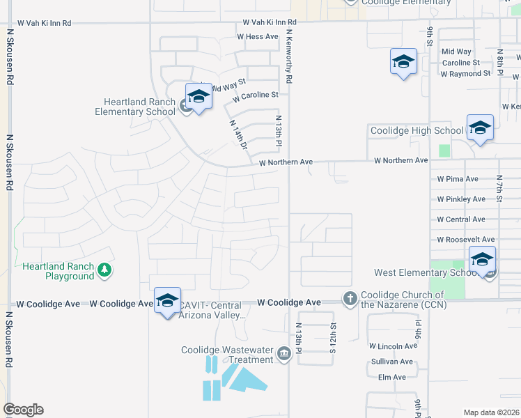 map of restaurants, bars, coffee shops, grocery stores, and more near 1375 West Central Avenue in Coolidge