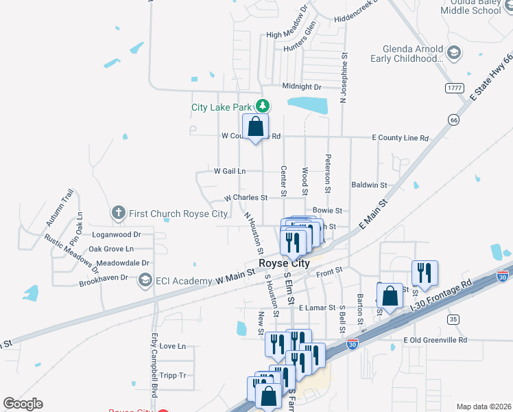 map of restaurants, bars, coffee shops, grocery stores, and more near 422 North Houston Street in Royse City