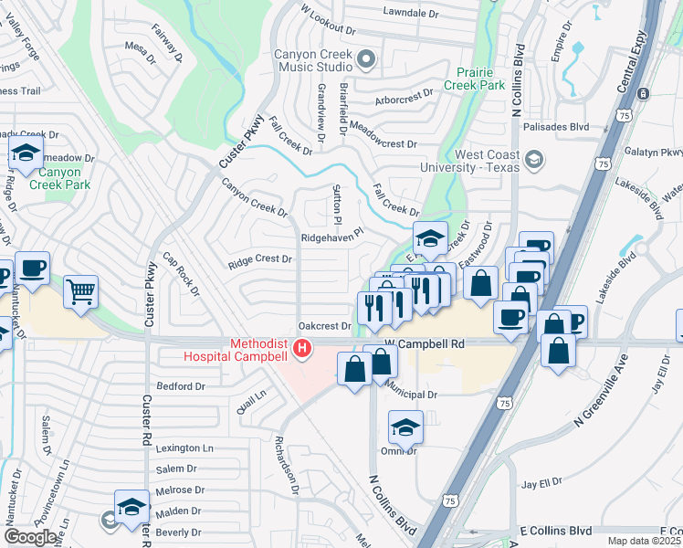 map of restaurants, bars, coffee shops, grocery stores, and more near 2005 West Prairie Creek Drive in Richardson
